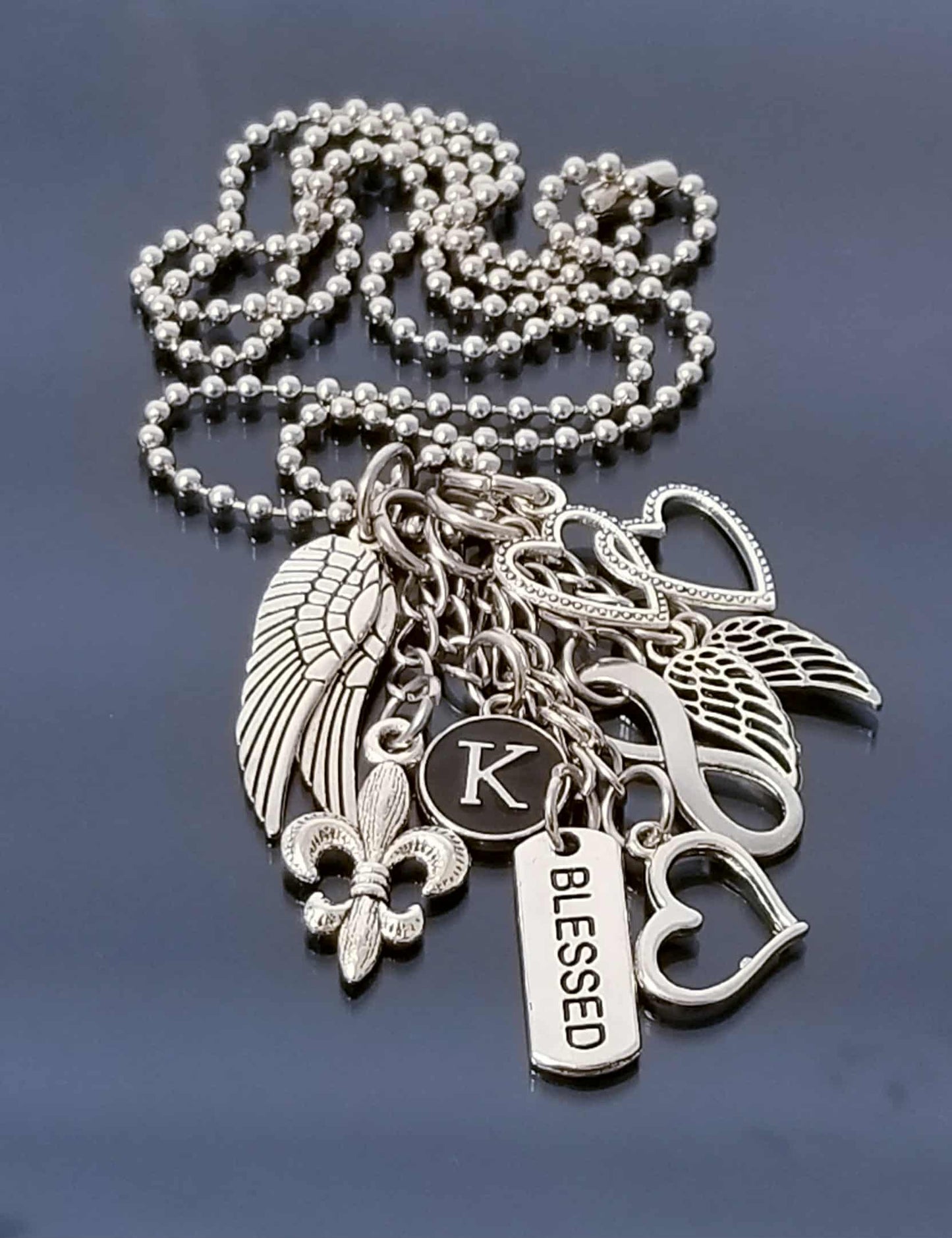 Stainless Steel Ball Chain Charm Necklace - 23.6 Inch with Angel Wings, Fleur de Lis & Letter K