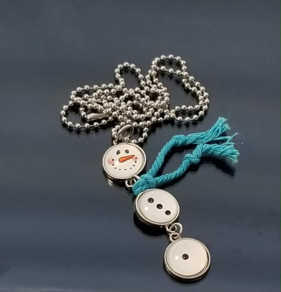 Snowman Charm Necklace with Heart Toggle - Glass Cabochon Winter Jewelry