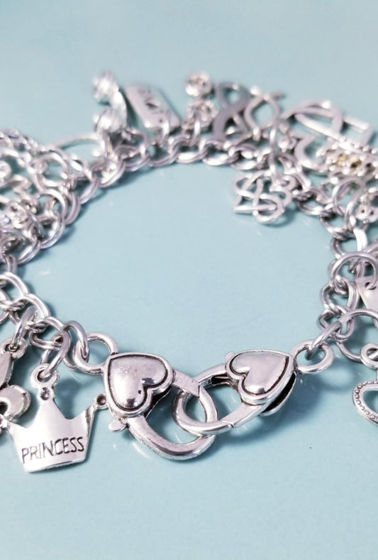 Princess Charm Stainless Steel Bracelet with Heart Lobster Clasp - 8 Inch