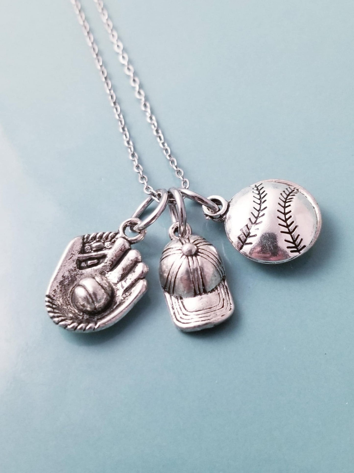 Baseball Mom Charm Necklace - 27 Inch Silver Chain with Baseball Charms