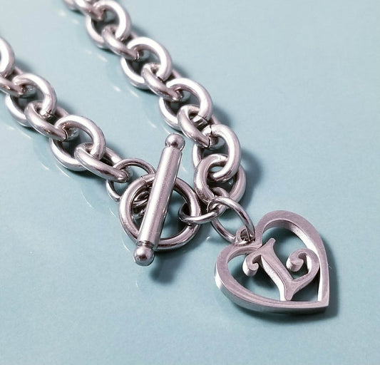 8.5 Chunky Bracelet -Letter L - Heart Charm - Thick Charm Bracelet - Silver Bracelet -Stainless Steel -Toggle Clasp -Personalized -Initial L