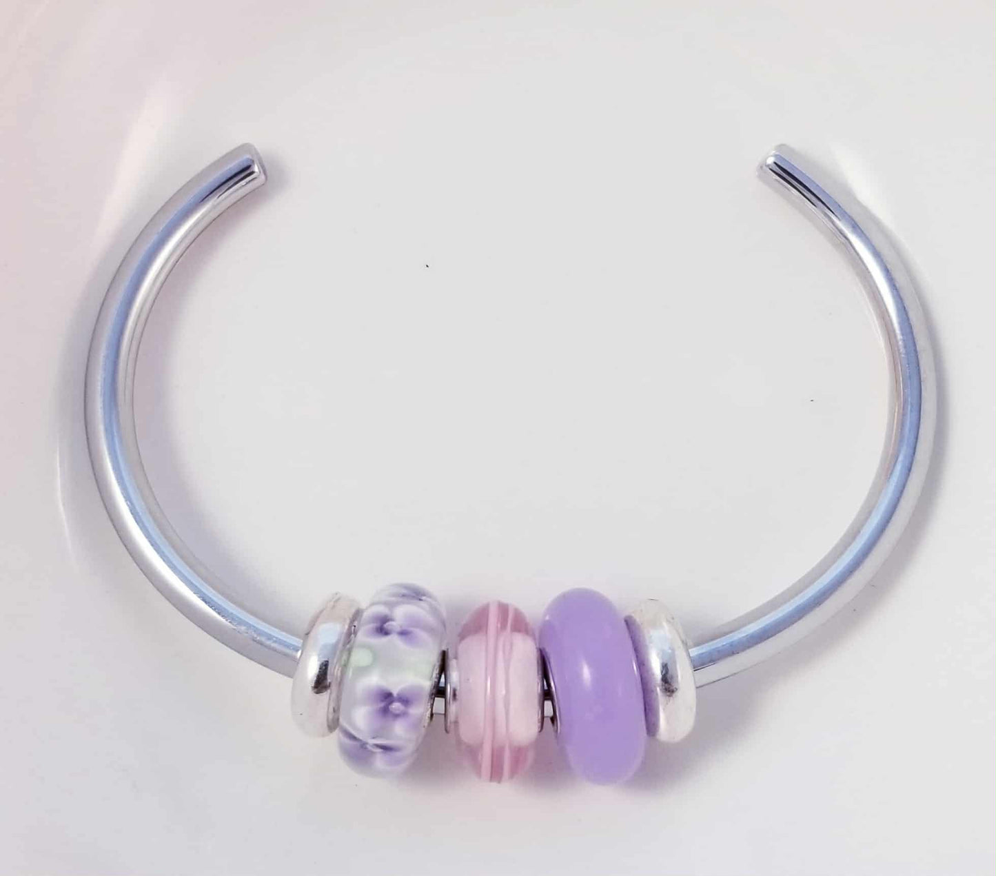 Silver Bangle /Purple Pink Glass Murano /Big Hole Beads /Beaded / Fit Pandora /8 Inch