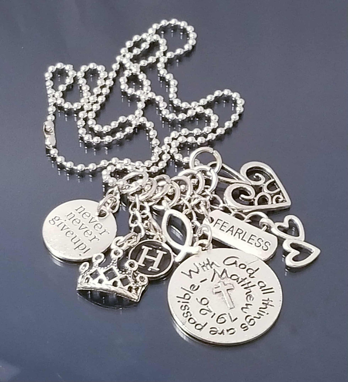 Chunky Charm Necklace/ Fearless/ Never Give Up /With God All Things are Possible