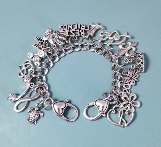 7 Inch Stainless Steel Charm Bracelet with Double Heart Clasp – Loaded with Silver Charms