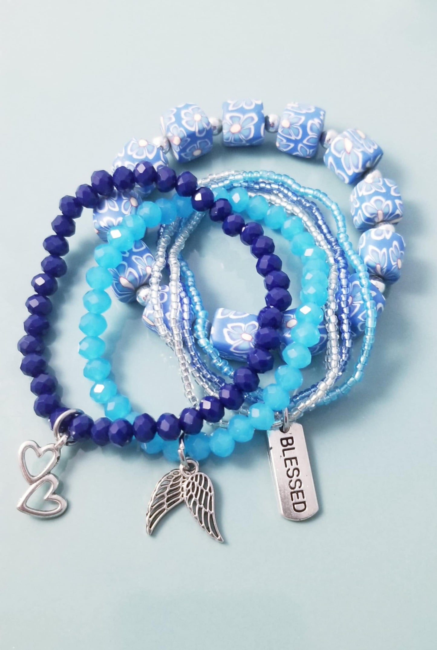Heavenly Blessings Blue Stretch Bracelet Set - Angel Wings, Hearts & Blessed Charms (Set of 7)