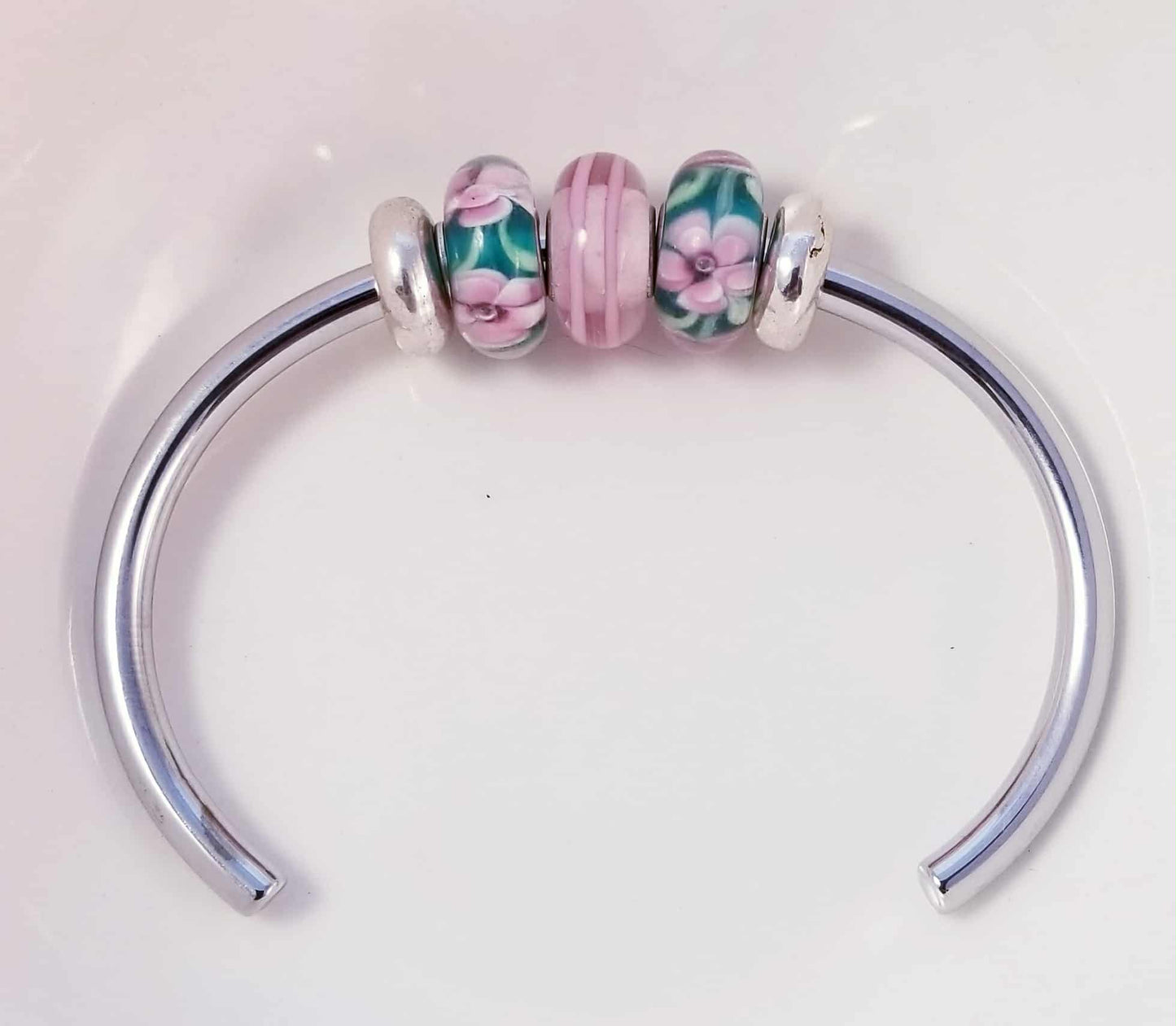 Silver Bangle /Blue Green Pink Glass Murano /Big Hole Beads /Beaded / Fit Pandora /8 Inch