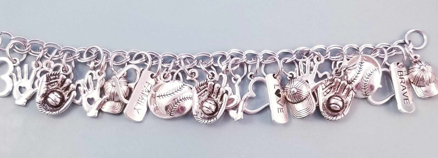Size 7-7.5 /Baseball Mom Chunky Charm Bracelet /Heart Lobster Clasp /B image 2