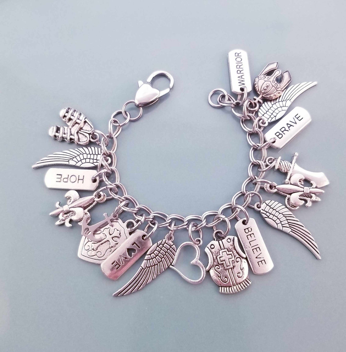 Size 6.5 / Armor of God Charm Bracelet /Heart Lobster Clasp /Warrior image 0