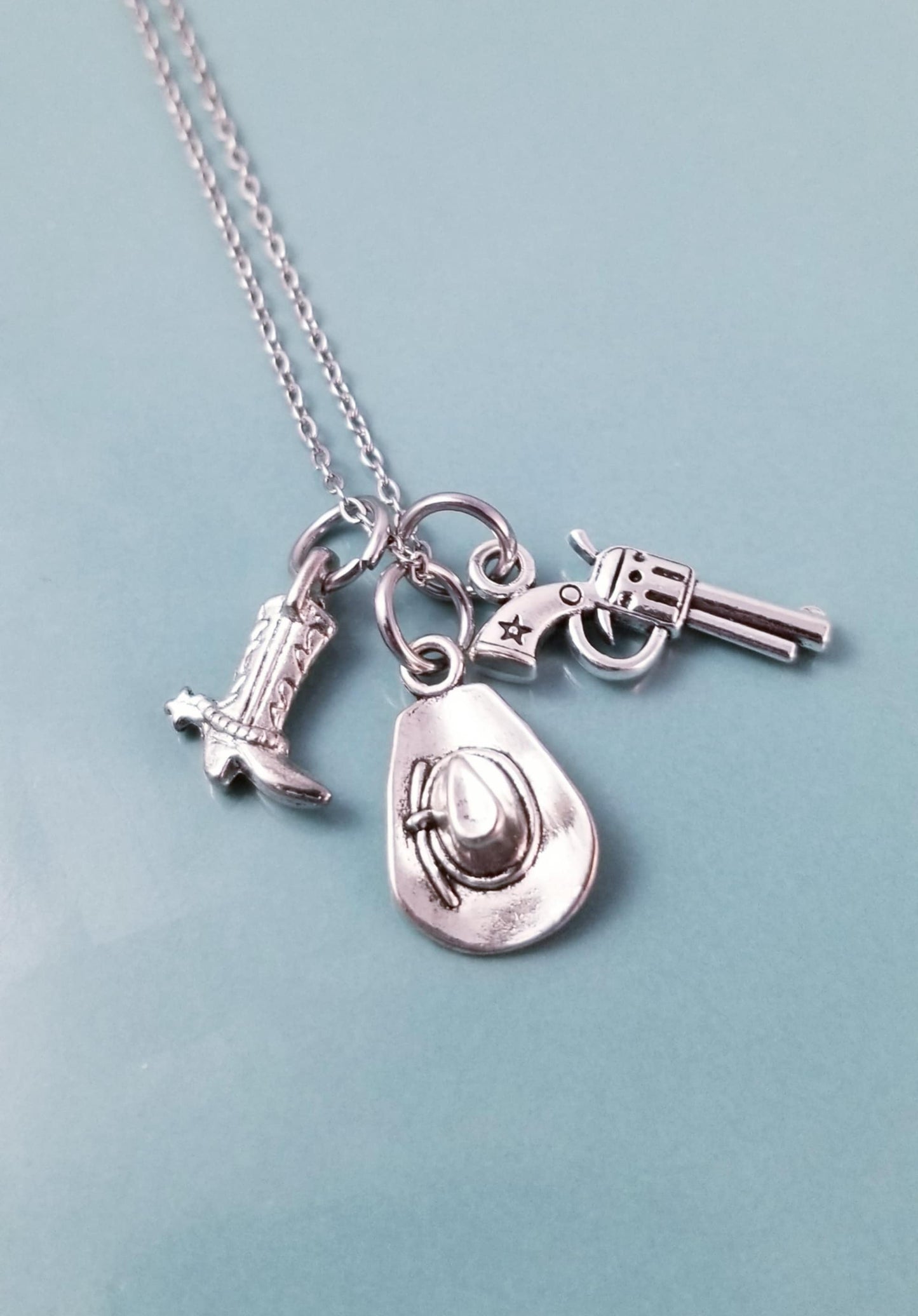 Charm Necklace/ Boot Hat & Gun Charms /Silver Dangle Charms /27 Inch Chain
