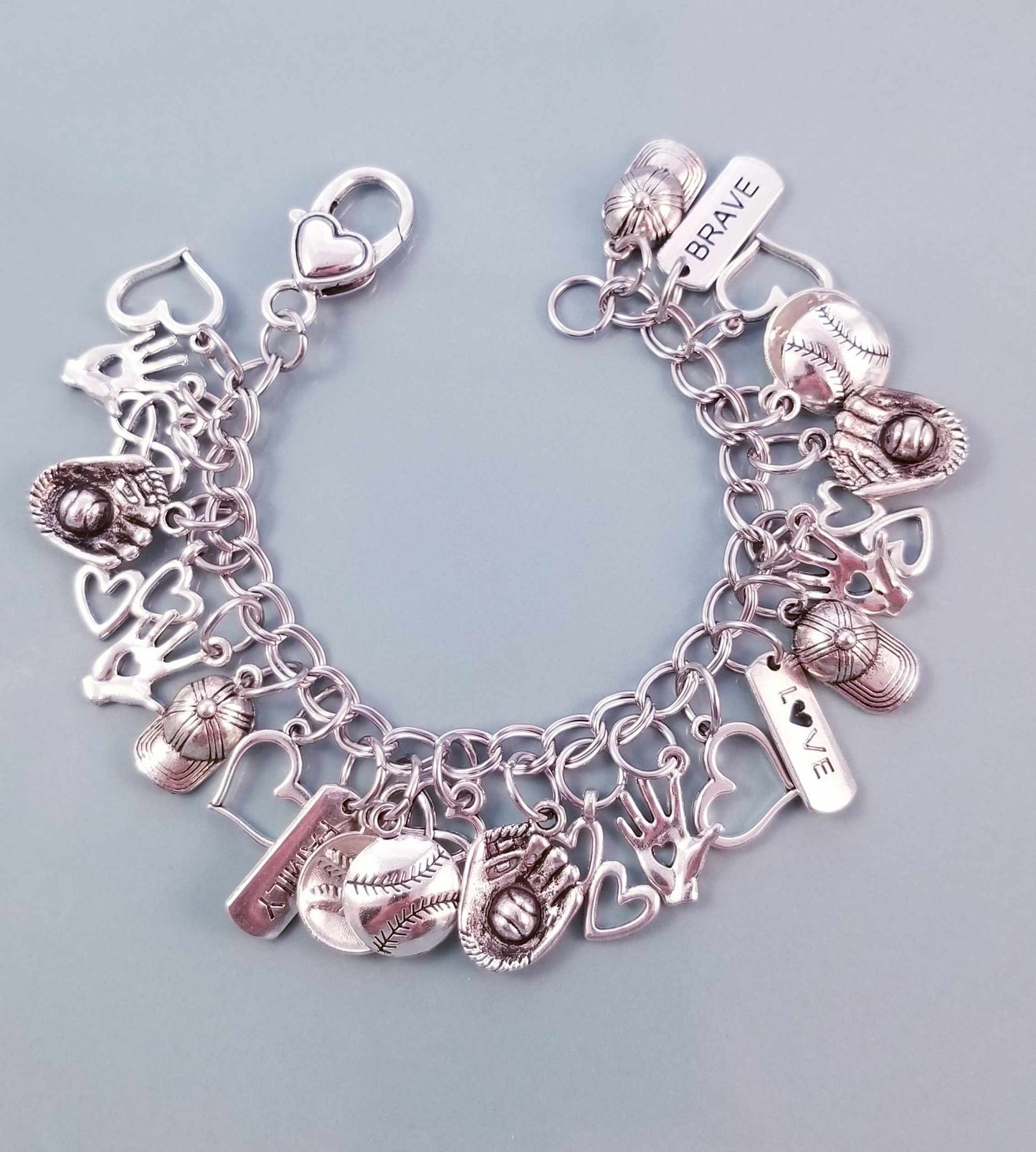 Size 7-7.5 /Baseball Mom Chunky Charm Bracelet /Heart Lobster Clasp /B image 0