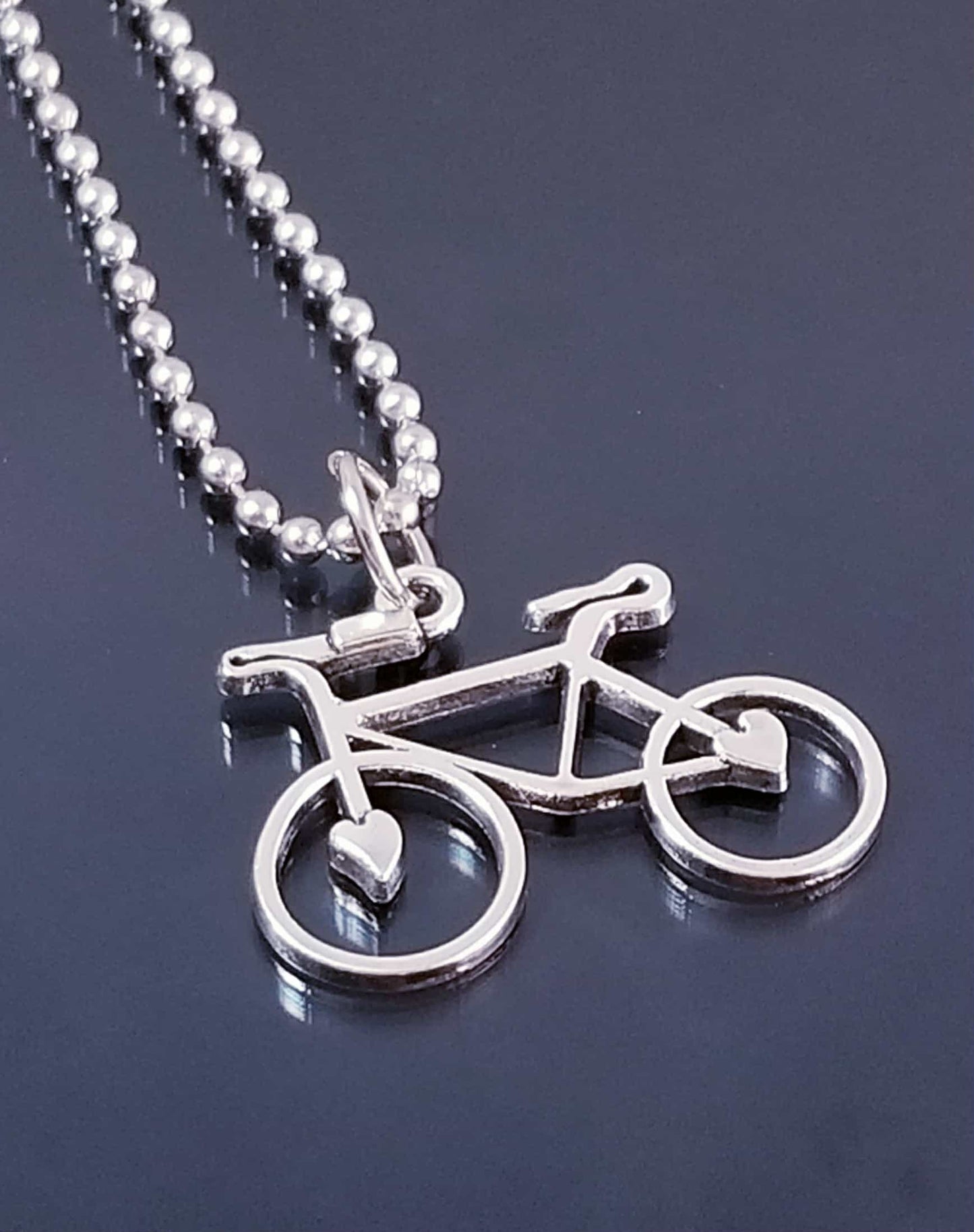 Bicycle Charm Necklace with Hearts on Wheels - 23.6" Ball Chain