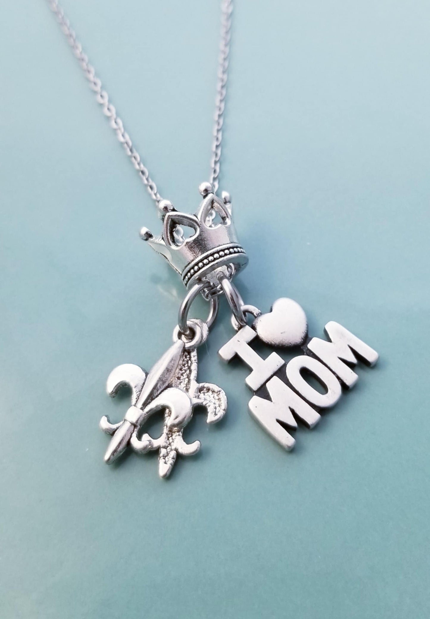 Charm Necklace /Crown Queen Charm /I Love Mom Charm /Fleur de Lis Charm /Necklace with Silver Charms/ Silver Necklace /27 Inch Necklace