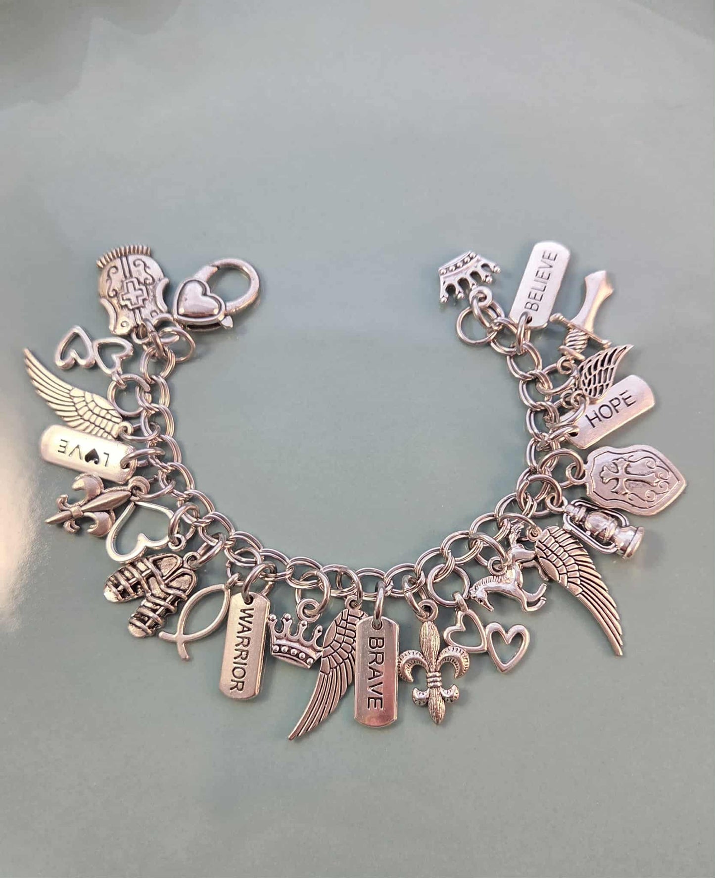 Size 7 Armor of God /Chunky Charm Bracelet /Silver Bracelet with Lots of Charms /Crown