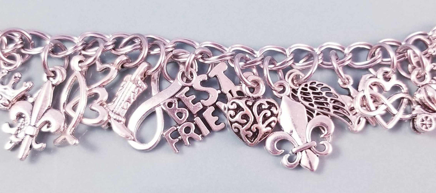 Chunky Charm Bracelet - Silver Heart Clasp - Loaded with Charms