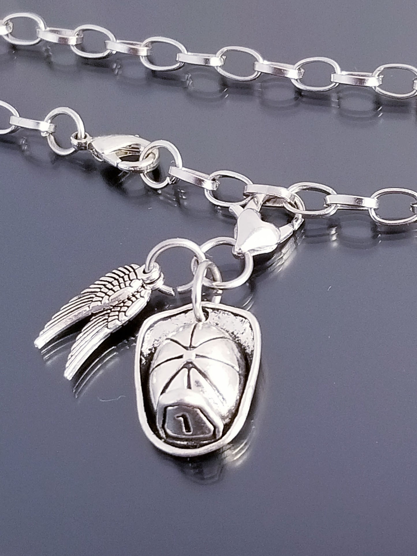 Fireman Hat and Angel Wings Charm with Heart Lobster Clasp - Hero Protection Jewelry