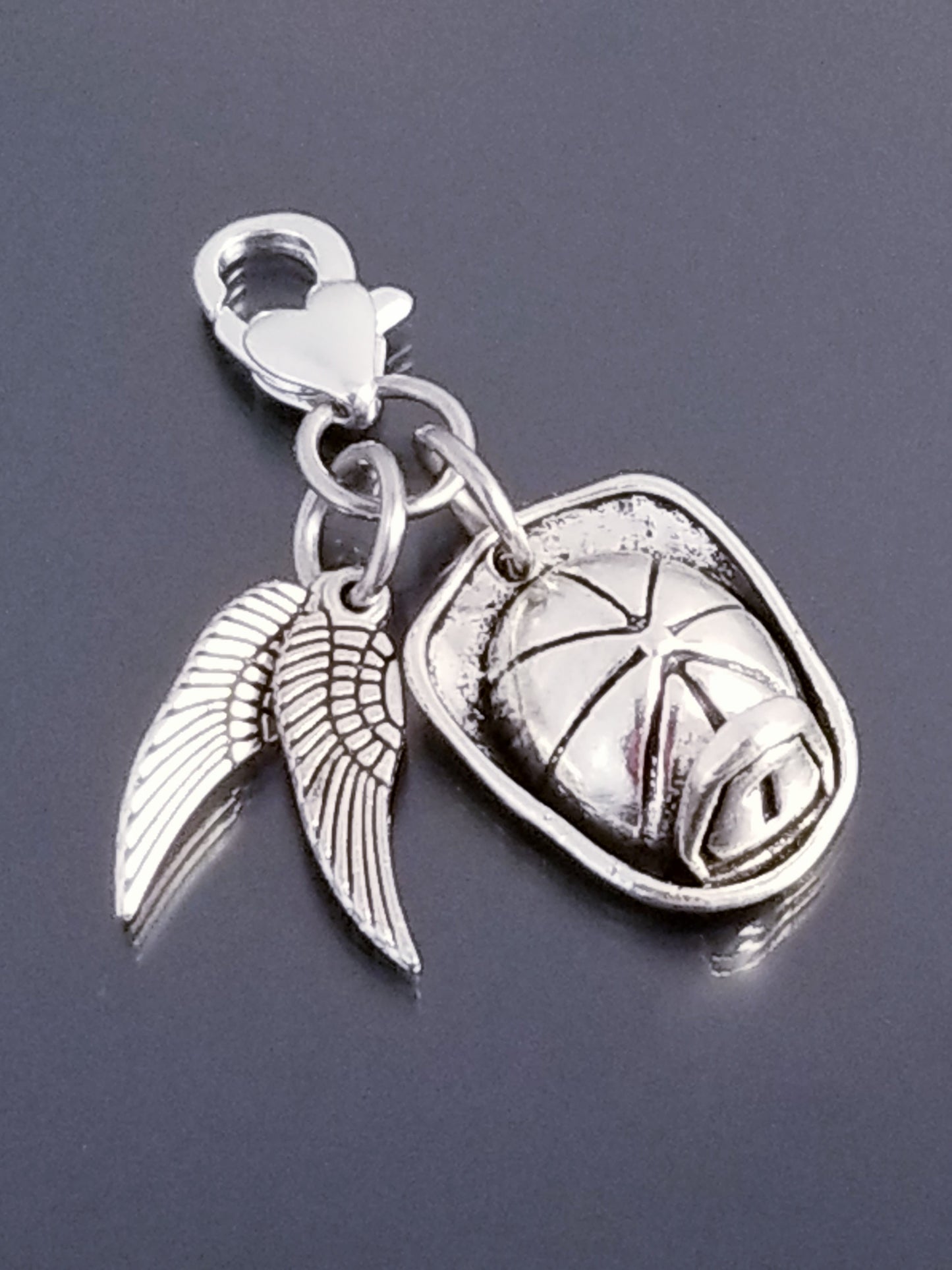Fireman Hat and Angel Wings Charm with Heart Lobster Clasp - Hero Protection Jewelry