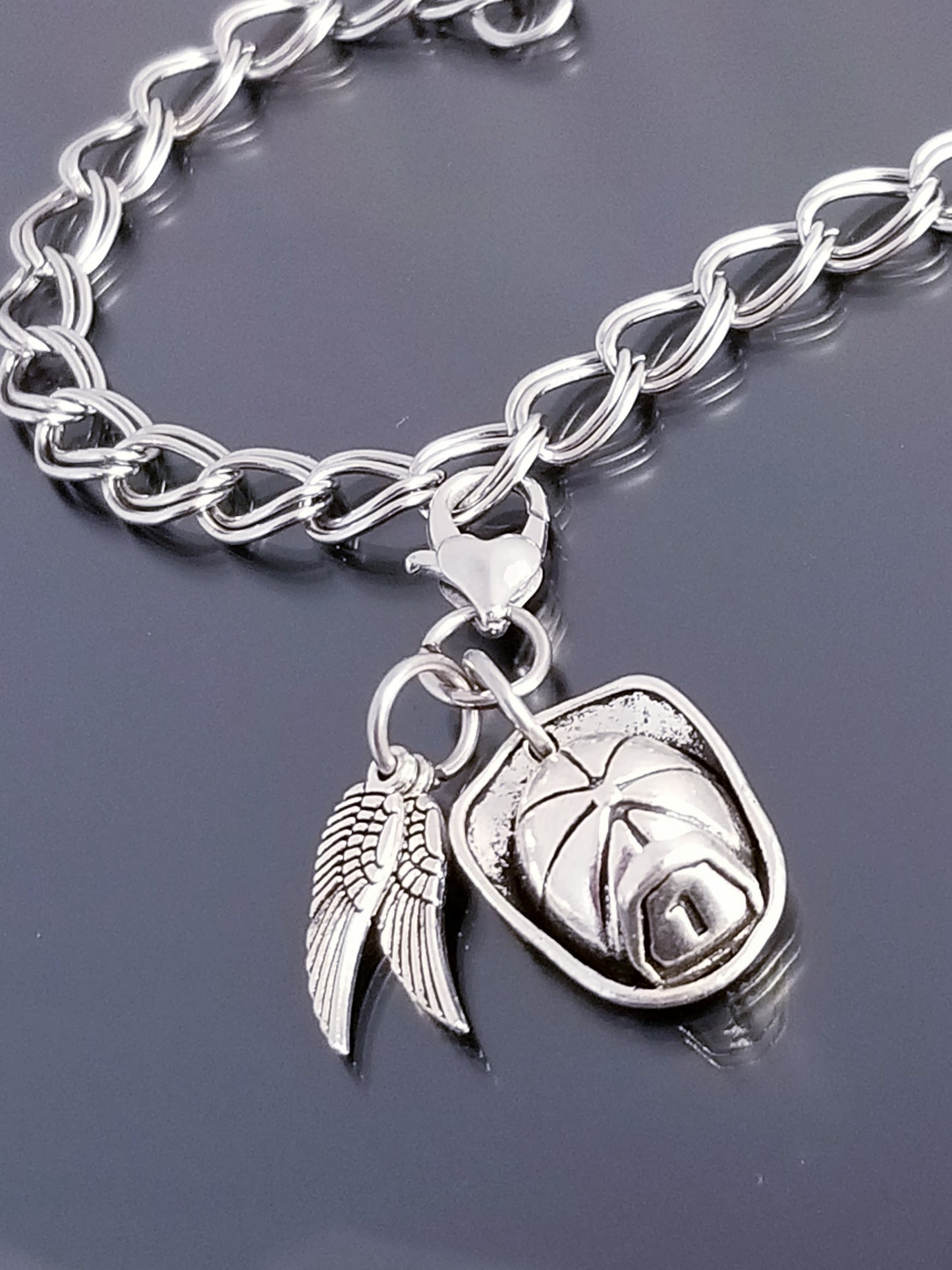 Fireman Hat and Angel Wings Charm with Heart Lobster Clasp - Hero Protection Jewelry