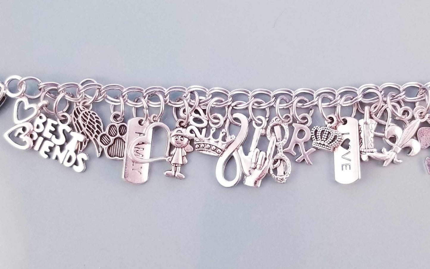 Size 6.5 - 17cm Chunky Silver Bracelet /Best Friends /Rock On Charm /Heart