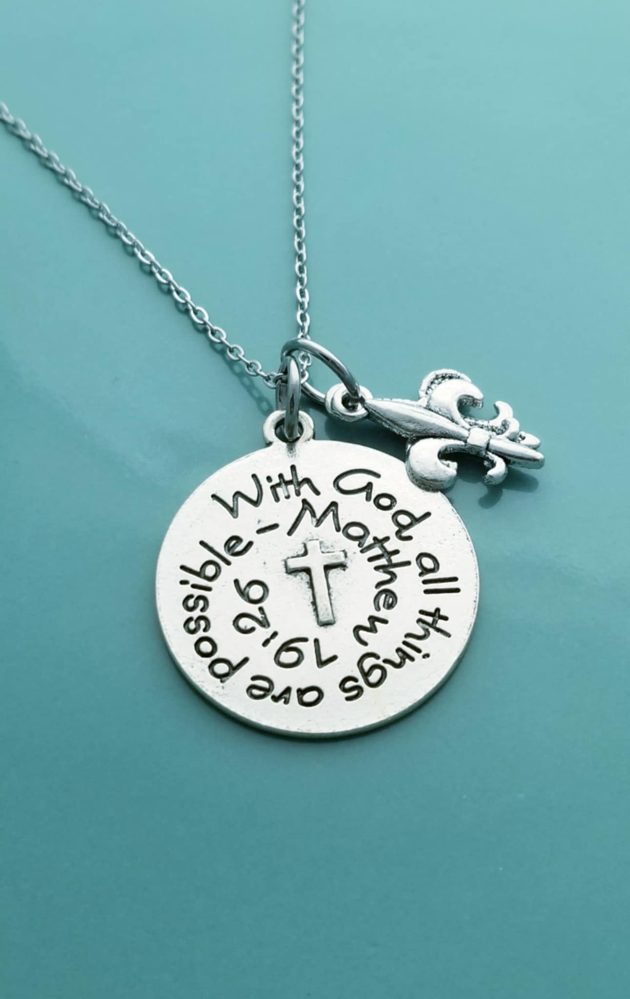 With God All Things Are Possible /27 Inch Necklace with Charms /Fleur de Lis