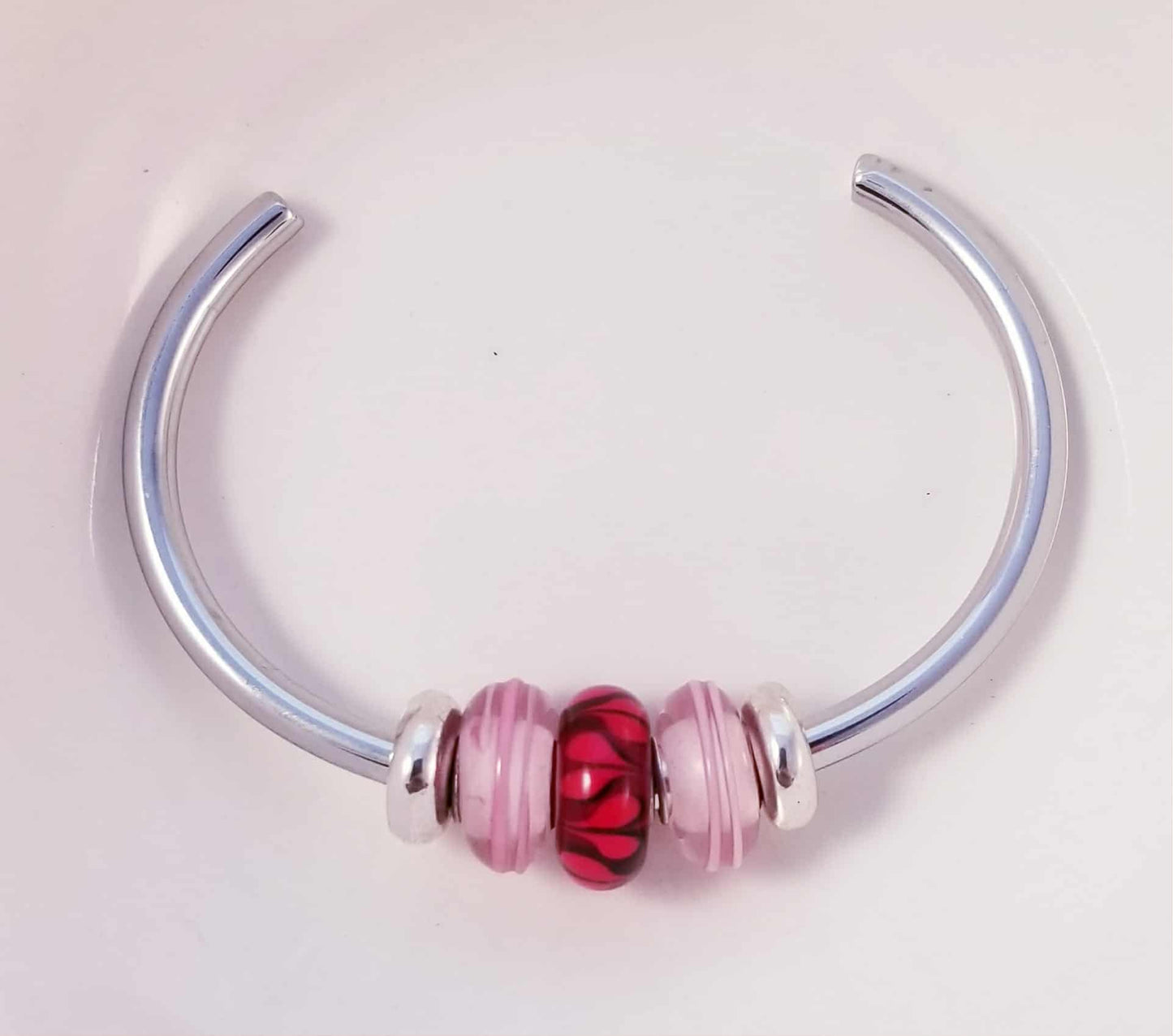 Silver Bangle /Pink & Red Hearts Glass Murano /Big Hole Beads /Beaded / Fit Pandora /8 Inch
