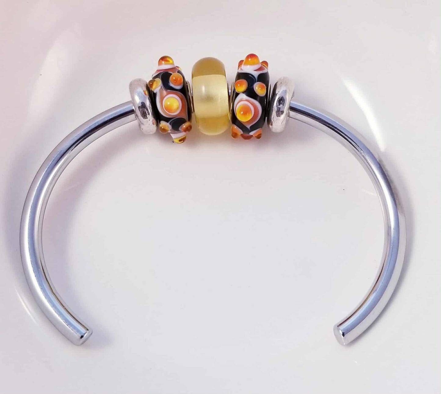 Silver Bangle /Black Orange and Yellow Glass Murano /Big Hole Beads /Beaded / Fit Pandora /8 Inch