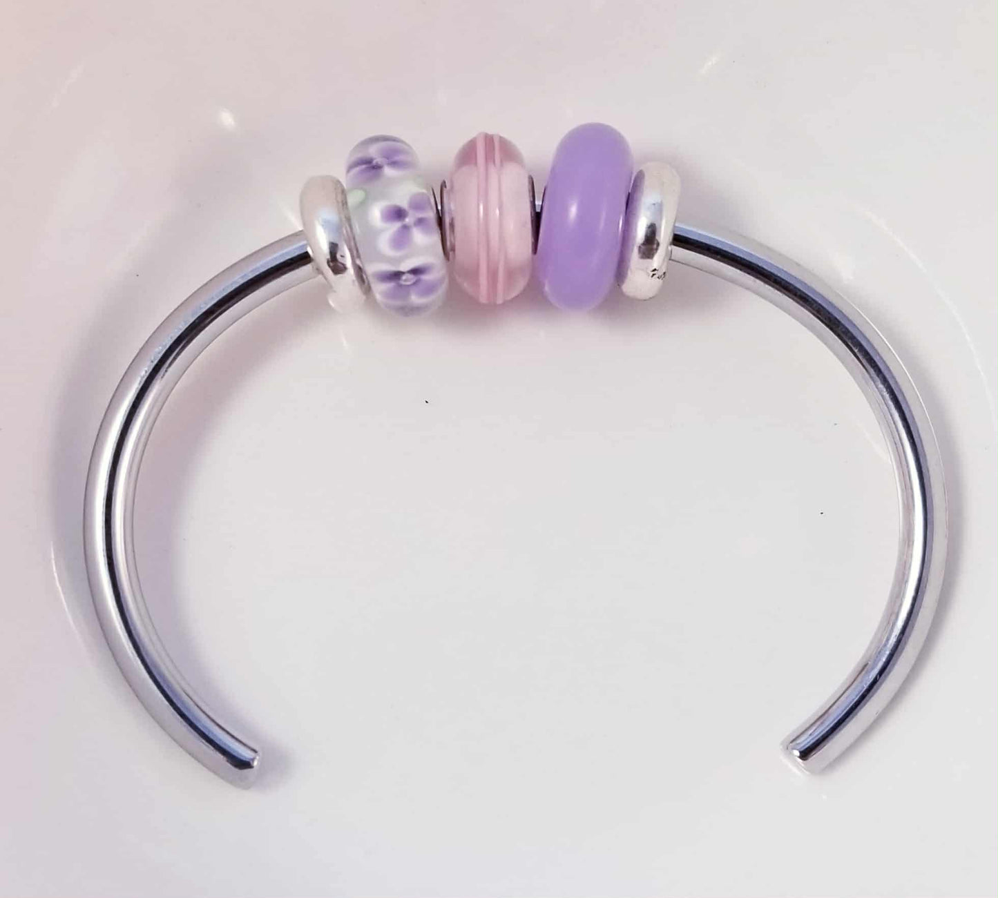Silver Bangle /Purple Pink Glass Murano /Big Hole Beads /Beaded / Fit Pandora /8 Inch