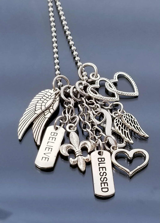 Chunky Charm Necklace - 23.6 Ball Chain - Blessed Believe Heart Charms