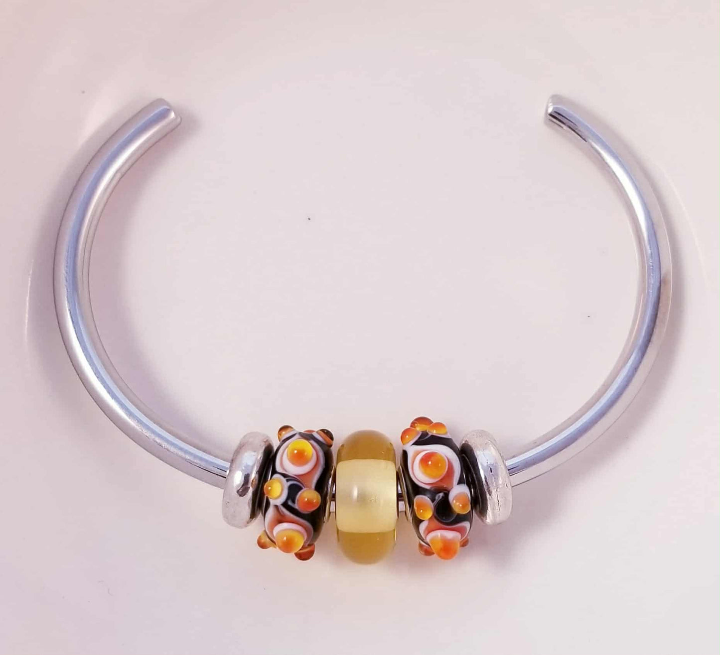 Silver Bangle /Black Orange and Yellow Glass Murano /Big Hole Beads /Beaded / Fit Pandora /8 Inch