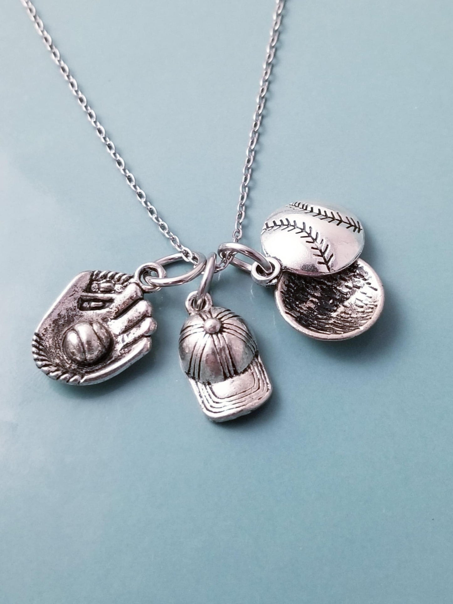 Baseball Mom Charm Necklace - 27 Inch Silver Chain with Baseball Charms