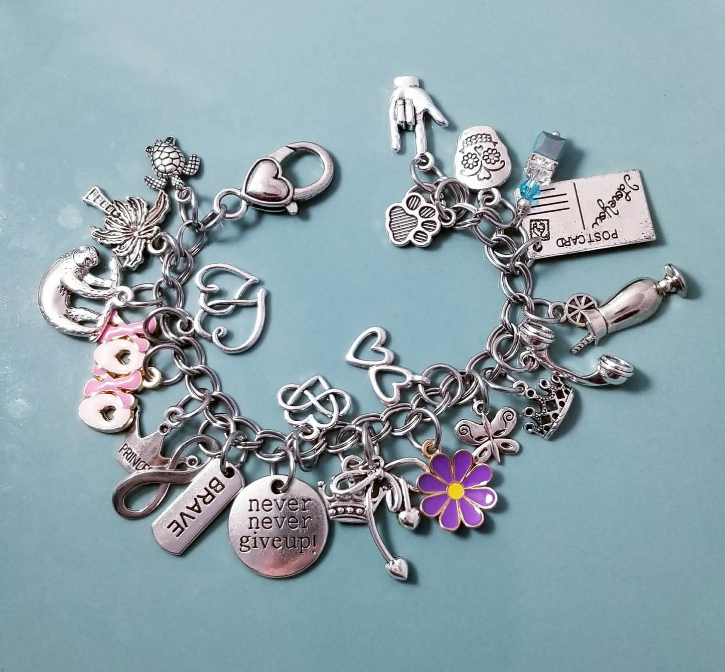 Chunky Charm Bracelet -7.5 Inch XOXO Pink Heart with Purple Daisy, Butterfly, Sloth & Tropical Charms
