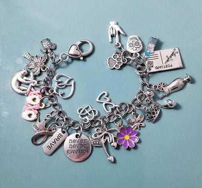 Chunky Charm Bracelet -7.5 Inch XOXO Pink Heart with Purple Daisy, Butterfly, Sloth & Tropical Charms