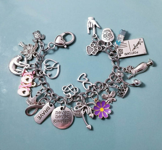Chunky Charm Bracelet -7.5 Inch XOXO Pink Heart with Purple Daisy, Butterfly, Sloth & Tropical Charms