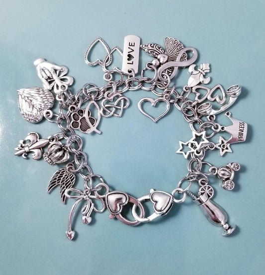 Sz 8 Inch Stainless Steel Charm Bracelet with Heart Clasp – Princess & Love Loaded Charm Collection