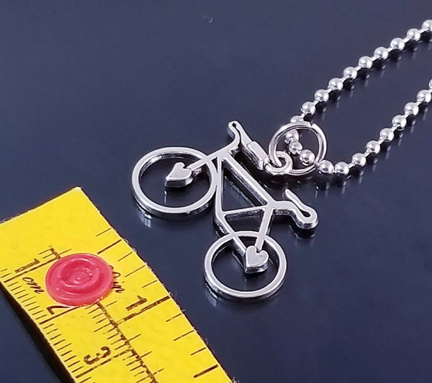 Bicycle Charm Necklace with Hearts on Wheels - 23.6" Ball Chain