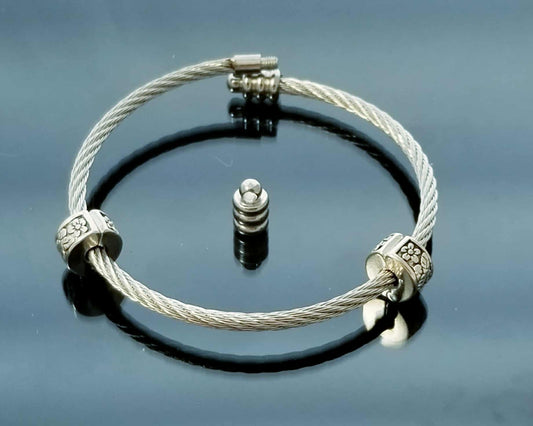 European Stainless Steel Wire Bangle / Silver Bracelet /2 Flower Lock Clips / 2 Rubber Stopper Beads / Removeable Ball End / Medium - Large