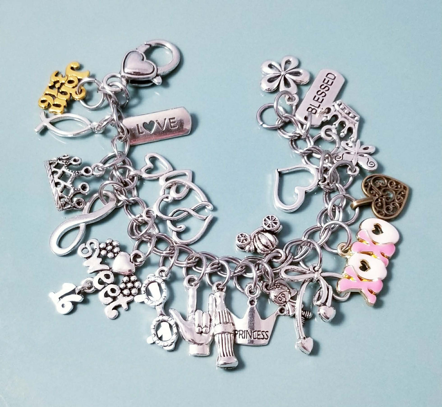 Blessed & Beautiful Sweet 16 Size 7" Chunky Charm Bracelet - Stainless Steel Double Link with Heart Clasp -Flower