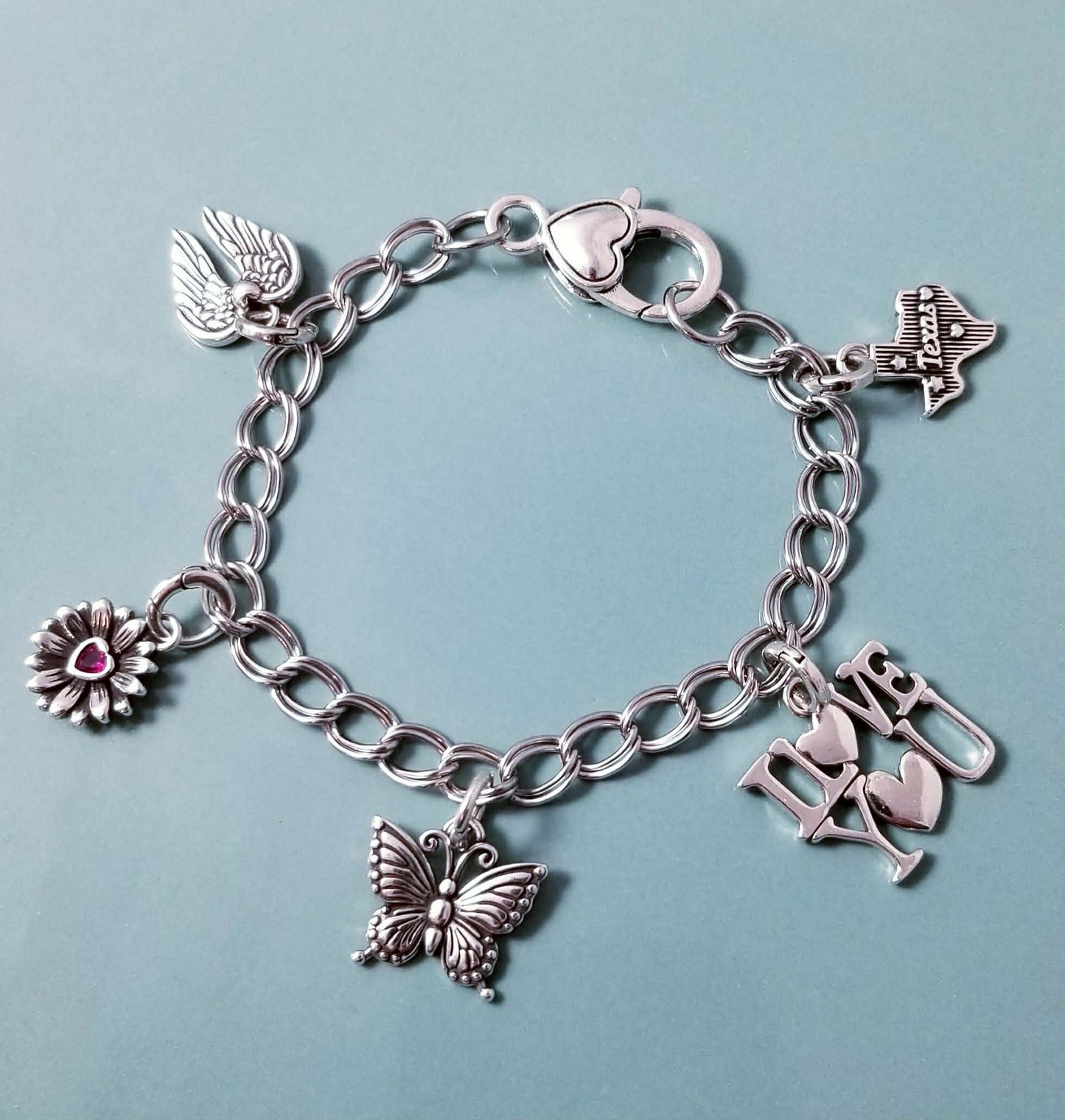 7.5 Inch Chunky Charm Bracelet - Silver Charm Bracelet - 925 SS Texas Love Collection