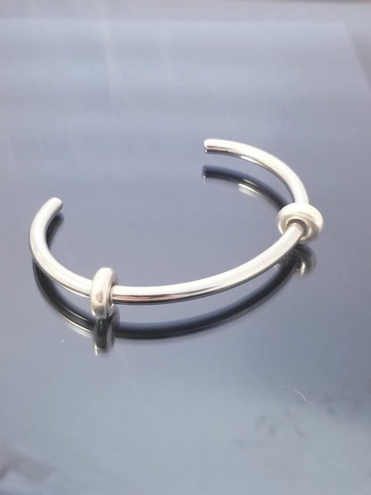 Silver Bangle /Blue Pink Glass Murano Charms /Rubber Stopper Big Hole Beads/8 In