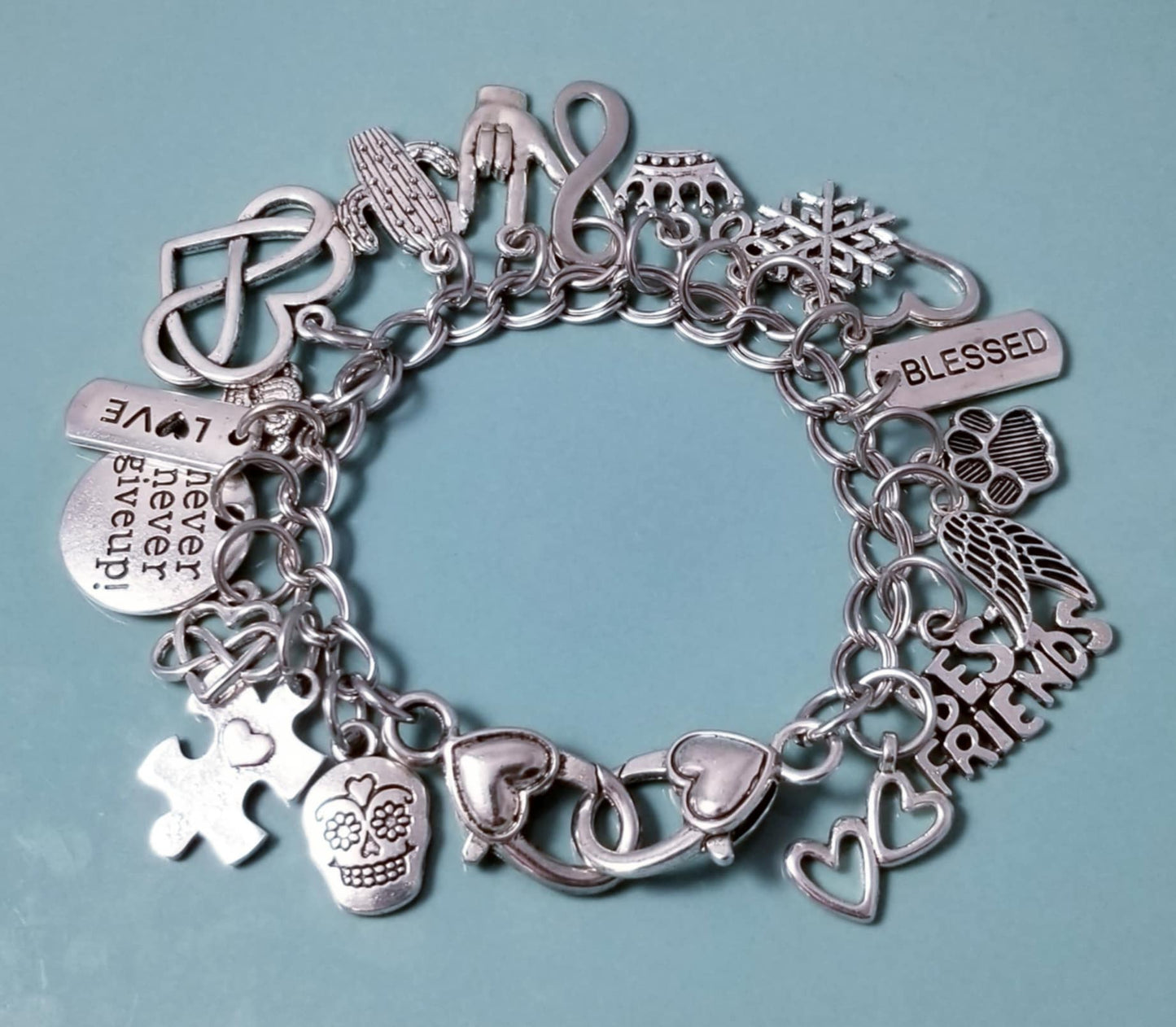 7 1/4 Inch Chunky Charm Bracelet with Double Heart Clasp – Inspirational Loaded Charm Collection