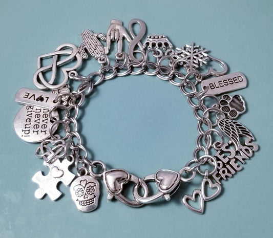 7 1/4 Inch Chunky Charm Bracelet with Double Heart Clasp – Inspirational Loaded Charm Collection