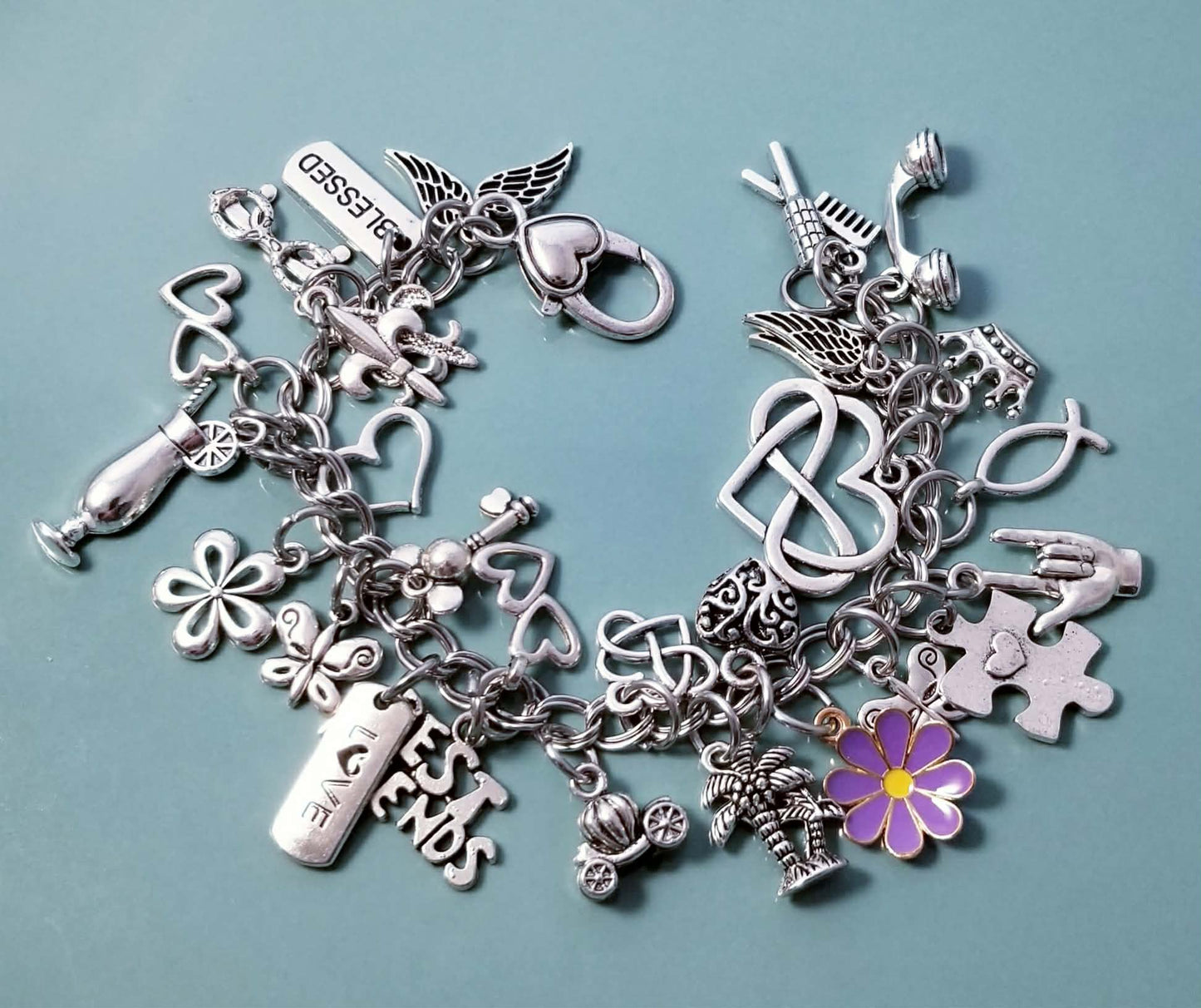 8 Inch Chunky Charm Bracelet -Loaded with Charms -Blessed -Best Friends -Hearts -Brush Comb