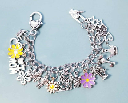 Chunky Charm Bracelet - Flowers & Hearts - Princess - I Love You 6 Inch