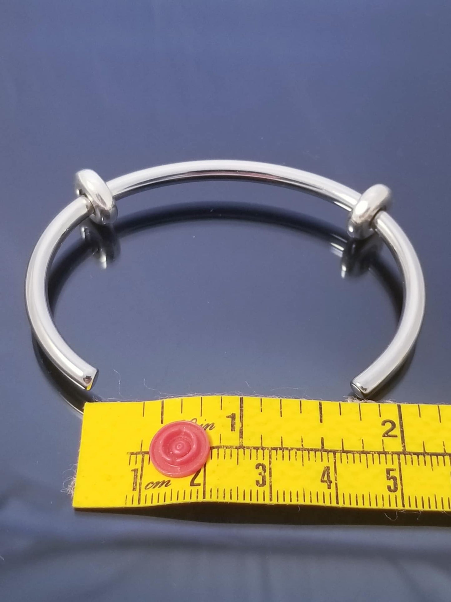 Silver Bangle /Blue Pink Glass Murano Charms /Rubber Stopper Big Hole Beads/8 In