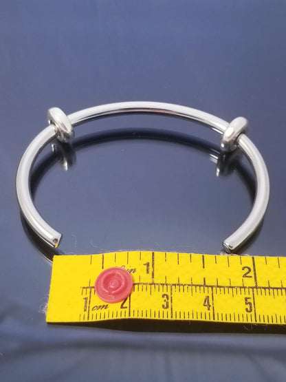 Silver Bangle /Blue Pink Glass Murano Charms /Rubber Stopper Big Hole Beads/8 In