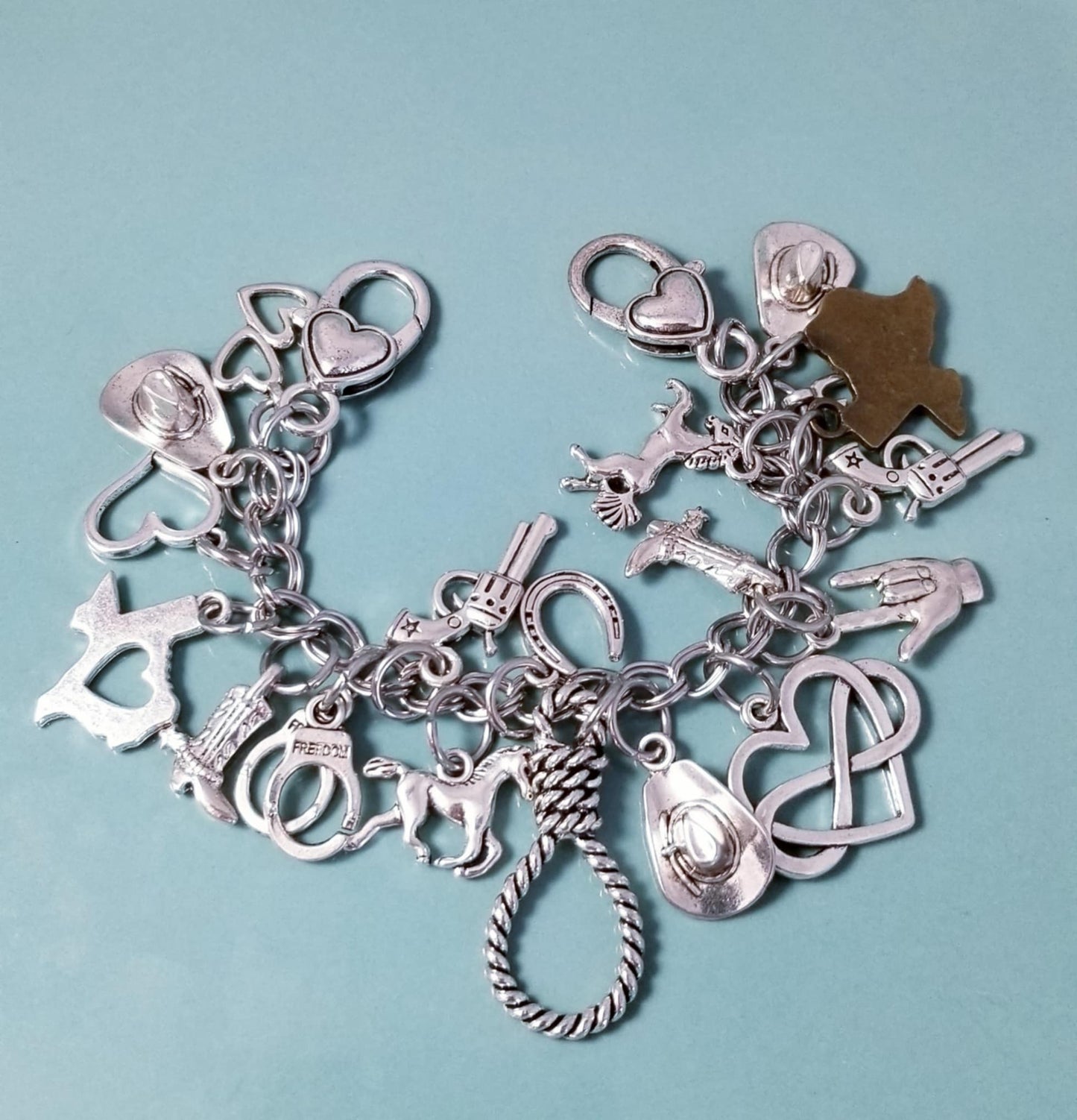 7 Inch Chunky Charm Bracelet -Silver Charm Bracelet -Cowgirl -Cowboy Ranching Charms -Double Heart Lobster Clasps