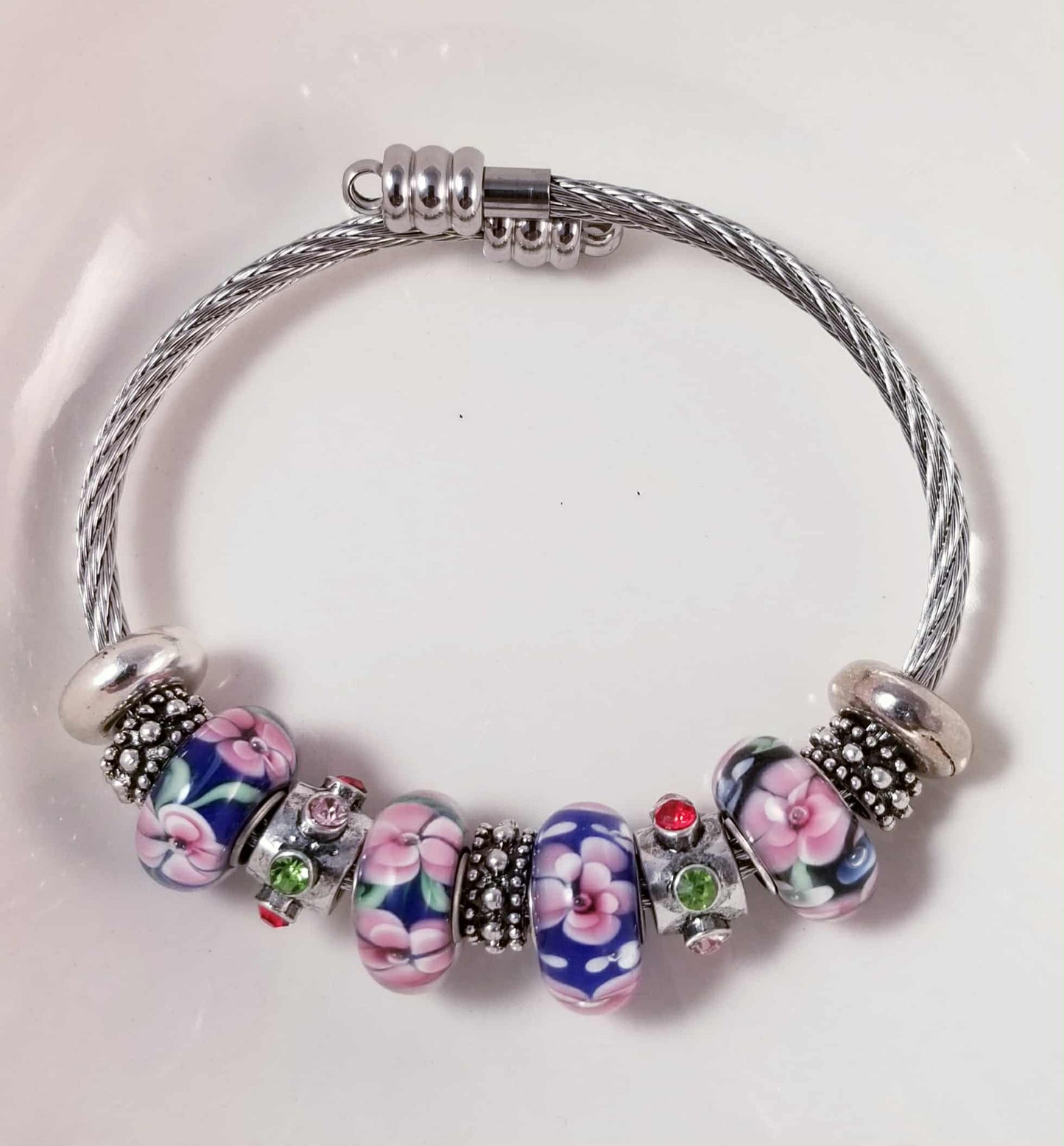 Silver Bangle Blue Glass Murano Flower Charms Big Hole Beads Fit Pandora OSFM
