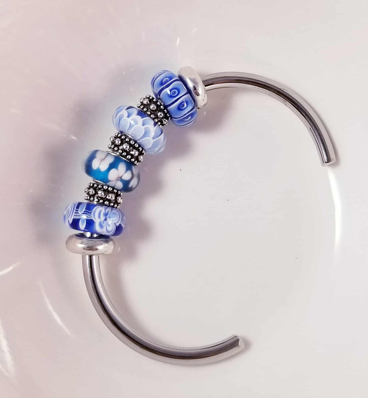 Silver Bangle /Blue Glass Murano /Big Hole Beads /Beaded / Fit Pandora /8 Inch