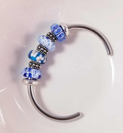 Silver Bangle /Blue Glass Murano /Big Hole Beads /Beaded / Fit Pandora /8 Inch