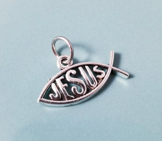 Jesus Charm – Silver Christian Jewelry for Bracelets & Necklaces -Ichthus Fish Charm – Silver Christian Symbol