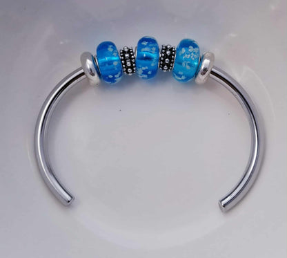 Silver Bangle /Glow in the Dark Glass Murano Charms European Rubber Stopper 8 In